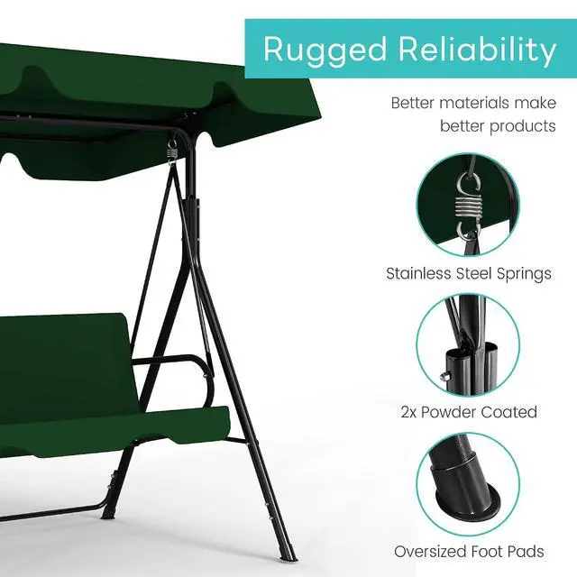 Alt view image 5 of 7 - Murago Outdoor Patio Swing Chair with Adjustable Canopy, Green | Outdoor Patio Glider Swing with Heavy Duty Stand for 3 Adult Persons, Ideal for Deck, Lawn, Backyard, or Porch