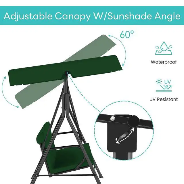 Alt view image 6 of 7 - Murago Outdoor Patio Swing Chair with Adjustable Canopy, Green | Outdoor Patio Glider Swing with Heavy Duty Stand for 3 Adult Persons, Ideal for Deck, Lawn, Backyard, or Porch