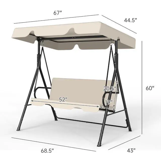 Alt view image 2 of 7 - Murago Outdoor Patio Swing Chair with Adjustable Canopy, Beige | Outdoor Patio Glider Swing with Heavy Duty Stand for 3 Adult Persons, Ideal for Deck, Lawn, Backyard, or Porch