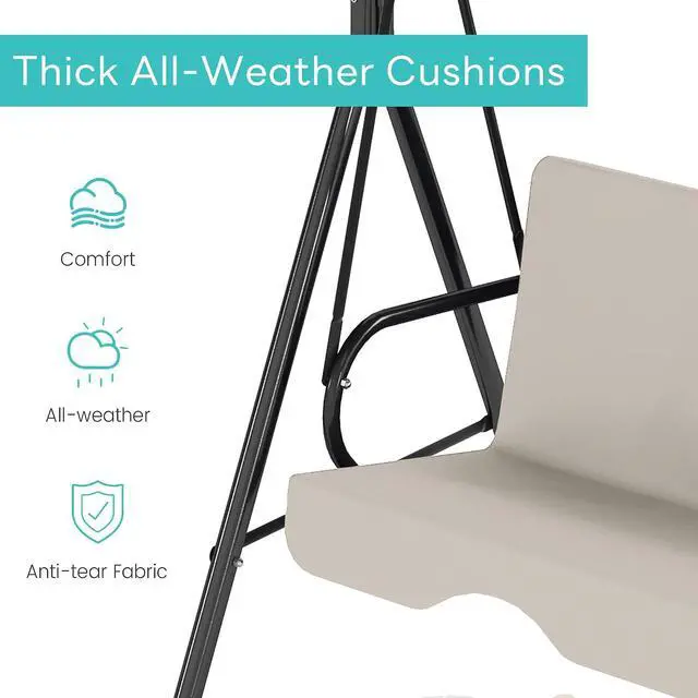 Alt view image 4 of 7 - Murago Outdoor Patio Swing Chair with Adjustable Canopy, Beige | Outdoor Patio Glider Swing with Heavy Duty Stand for 3 Adult Persons, Ideal for Deck, Lawn, Backyard, or Porch