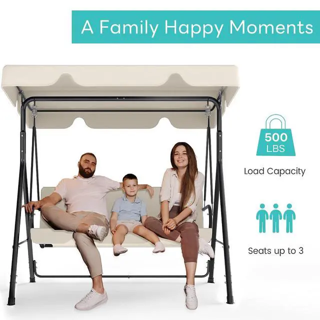 Alt view image 3 of 7 - Murago Outdoor Patio Swing Chair with Adjustable Canopy, Beige | Outdoor Patio Glider Swing with Heavy Duty Stand for 3 Adult Persons, Ideal for Deck, Lawn, Backyard, or Porch
