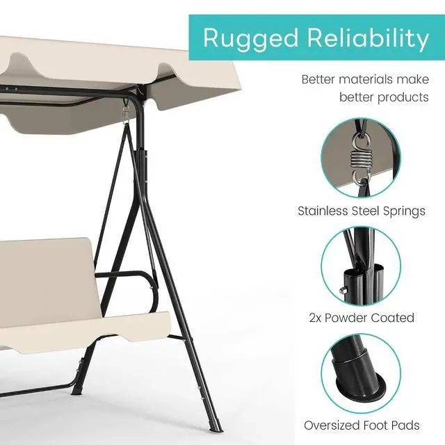 Alt view image 5 of 7 - Murago Outdoor Patio Swing Chair with Adjustable Canopy, Beige | Outdoor Patio Glider Swing with Heavy Duty Stand for 3 Adult Persons, Ideal for Deck, Lawn, Backyard, or Porch