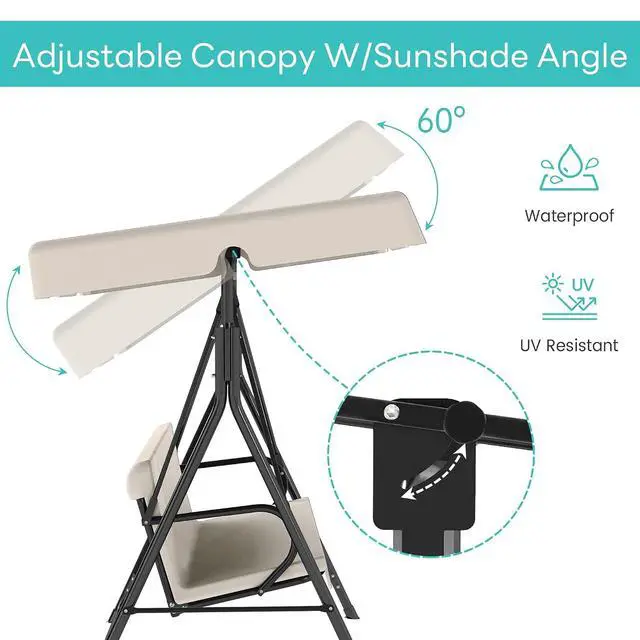 Alt view image 6 of 7 - Murago Outdoor Patio Swing Chair with Adjustable Canopy, Beige | Outdoor Patio Glider Swing with Heavy Duty Stand for 3 Adult Persons, Ideal for Deck, Lawn, Backyard, or Porch
