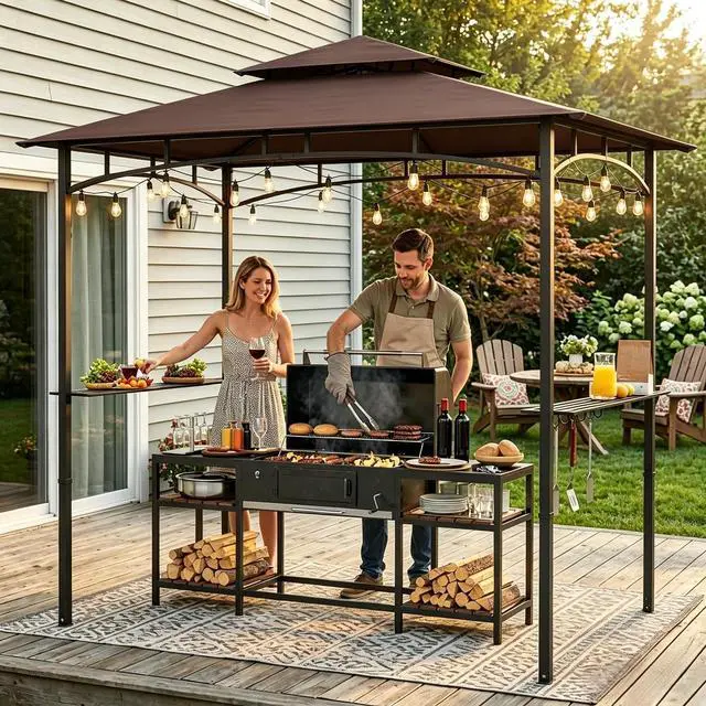 Main image of Murago 8x5 Grill Gazebo, BBQ Gazebo Canopy for Outdoor Grill, Brown | All Weather BBQ Canopy with 2 Shelves and Utensil Organizer, Steel Frame with Bottle Opener for Patio, Backyard, Grilling