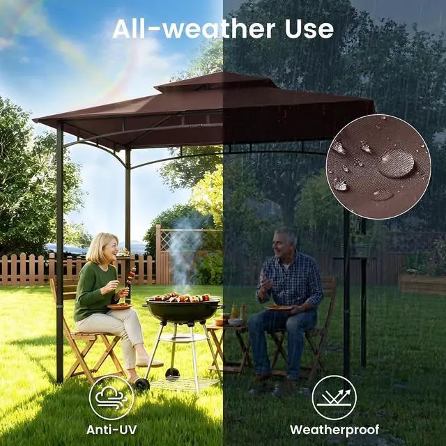 Alt view image 3 of 7 - Murago 8x5 Grill Gazebo, BBQ Gazebo Canopy for Outdoor Grill, Brown | All Weather BBQ Canopy with 2 Shelves and Utensil Organizer, Steel Frame with Bottle Opener for Patio, Backyard, Grilling
