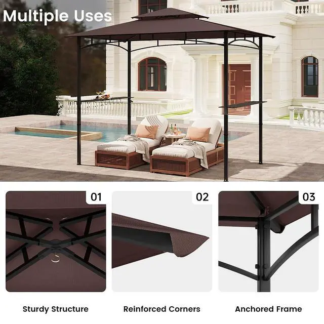 Alt view image 5 of 7 - Murago 8x5 Grill Gazebo, BBQ Gazebo Canopy for Outdoor Grill, Brown | All Weather BBQ Canopy with 2 Shelves and Utensil Organizer, Steel Frame with Bottle Opener for Patio, Backyard, Grilling