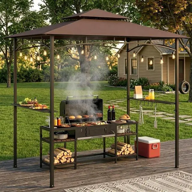 Alt view image 7 of 7 - Murago 8x5 Grill Gazebo, BBQ Gazebo Canopy for Outdoor Grill, Brown | All Weather BBQ Canopy with 2 Shelves and Utensil Organizer, Steel Frame with Bottle Opener for Patio, Backyard, Grilling