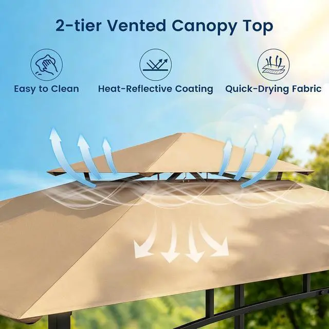 Alt view image 2 of 7 - Murago 8x5 Grill Gazebo, BBQ Gazebo Canopy for Outdoor Grill, Khaki | All Weather BBQ Canopy with 2 Shelves and Utensil Organizer, Steel Frame with Bottle Opener for Patio, Backyard, Grilling