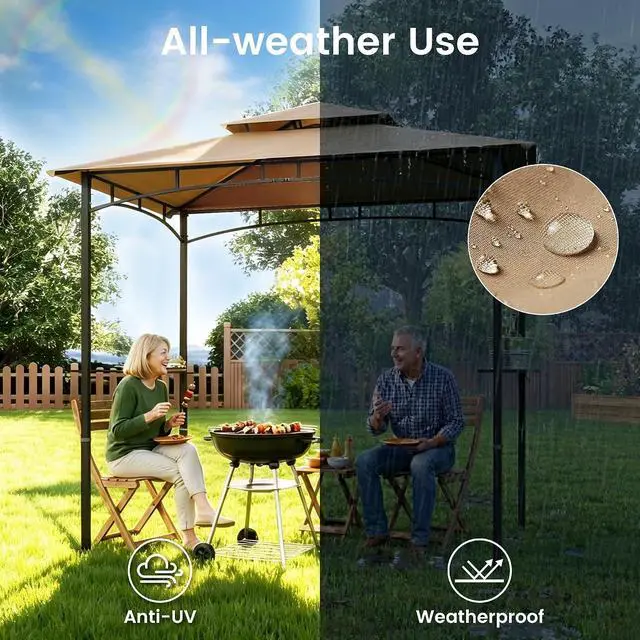 Alt view image 3 of 7 - Murago 8x5 Grill Gazebo, BBQ Gazebo Canopy for Outdoor Grill, Khaki | All Weather BBQ Canopy with 2 Shelves and Utensil Organizer, Steel Frame with Bottle Opener for Patio, Backyard, Grilling