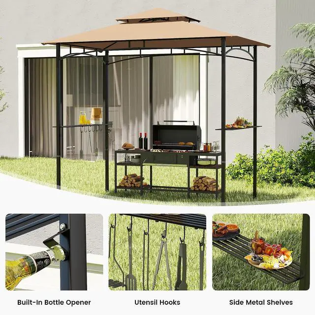 Alt view image 4 of 7 - Murago 8x5 Grill Gazebo, BBQ Gazebo Canopy for Outdoor Grill, Khaki | All Weather BBQ Canopy with 2 Shelves and Utensil Organizer, Steel Frame with Bottle Opener for Patio, Backyard, Grilling
