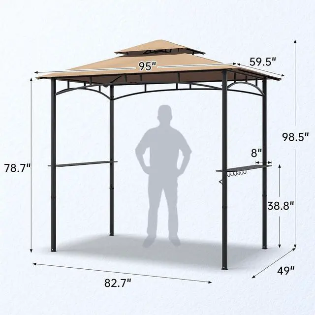Alt view image 6 of 7 - Murago 8x5 Grill Gazebo, BBQ Gazebo Canopy for Outdoor Grill, Khaki | All Weather BBQ Canopy with 2 Shelves and Utensil Organizer, Steel Frame with Bottle Opener for Patio, Backyard, Grilling