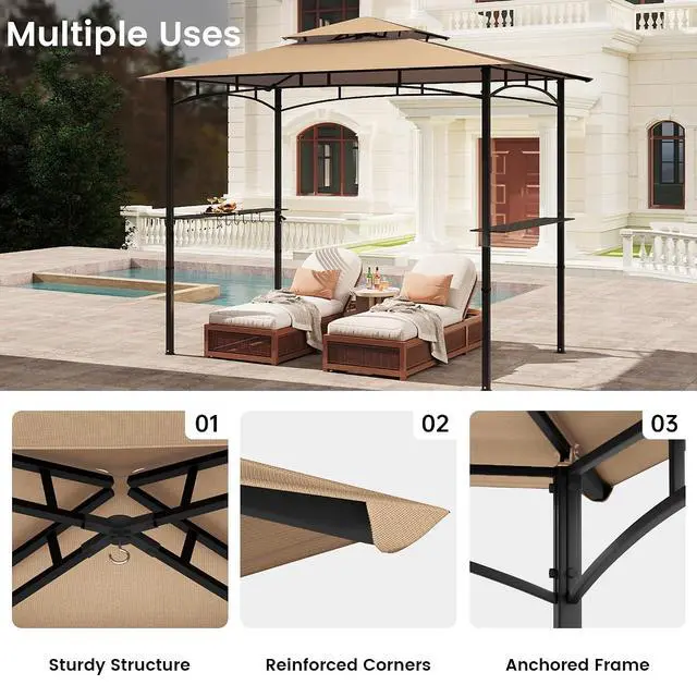 Alt view image 5 of 7 - Murago 8x5 Grill Gazebo, BBQ Gazebo Canopy for Outdoor Grill, Khaki | All Weather BBQ Canopy with 2 Shelves and Utensil Organizer, Steel Frame with Bottle Opener for Patio, Backyard, Grilling