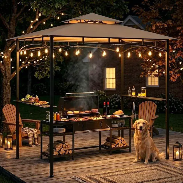 Alt view image 7 of 7 - Murago 8x5 Grill Gazebo, BBQ Gazebo Canopy for Outdoor Grill, Khaki | All Weather BBQ Canopy with 2 Shelves and Utensil Organizer, Steel Frame with Bottle Opener for Patio, Backyard, Grilling