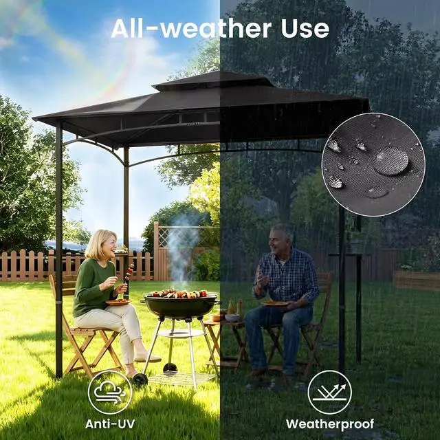 Alt view image 3 of 7 - Murago 8x5 Grill Gazebo, BBQ Gazebo Canopy for Outdoor Grill, Dark Gray | All Weather BBQ Canopy with 2 Shelves and Utensil Organizer, Steel Frame with Bottle Opener for Patio, Backyard, Grilling