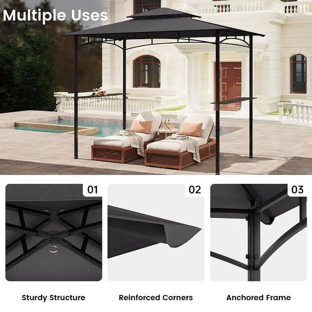 Alt view image 5 of 7 - Murago 8x5 Grill Gazebo, BBQ Gazebo Canopy for Outdoor Grill, Dark Gray | All Weather BBQ Canopy with 2 Shelves and Utensil Organizer, Steel Frame with Bottle Opener for Patio, Backyard, Grilling