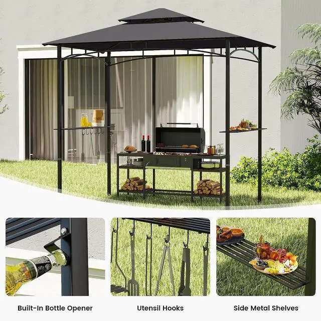 Alt view image 4 of 7 - Murago 8x5 Grill Gazebo, BBQ Gazebo Canopy for Outdoor Grill, Dark Gray | All Weather BBQ Canopy with 2 Shelves and Utensil Organizer, Steel Frame with Bottle Opener for Patio, Backyard, Grilling