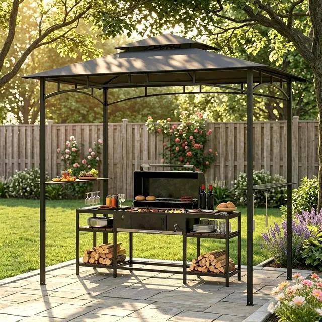 Alt view image 7 of 7 - Murago 8x5 Grill Gazebo, BBQ Gazebo Canopy for Outdoor Grill, Dark Gray | All Weather BBQ Canopy with 2 Shelves and Utensil Organizer, Steel Frame with Bottle Opener for Patio, Backyard, Grilling