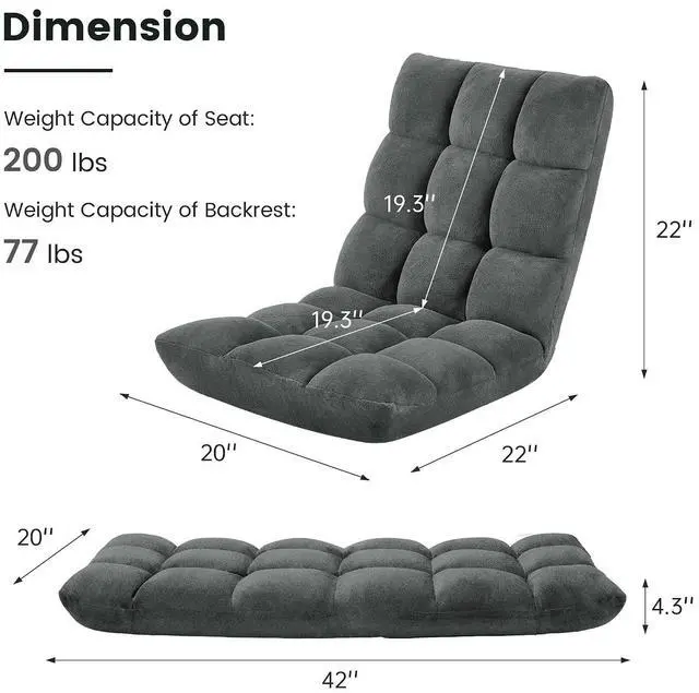 Alt view image 3 of 6 - Murago Floor Chair with Back Support, 14 Adjustable Position, Dark Grey | Japanese Meditation Folding Floor Seating, Gaming Chair Recliner with Comfy Cushion, for Adults, Living Room