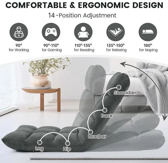 Alt view image 5 of 6 - Murago Floor Chair with Back Support, 14 Adjustable Position, Dark Grey | Japanese Meditation Folding Floor Seating, Gaming Chair Recliner with Comfy Cushion, for Adults, Living Room