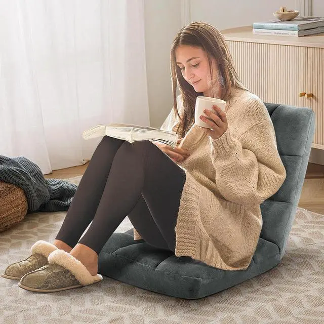 Alt view image 4 of 6 - Murago Floor Chair with Back Support, 14 Adjustable Position, Dark Grey | Japanese Meditation Folding Floor Seating, Gaming Chair Recliner with Comfy Cushion, for Adults, Living Room