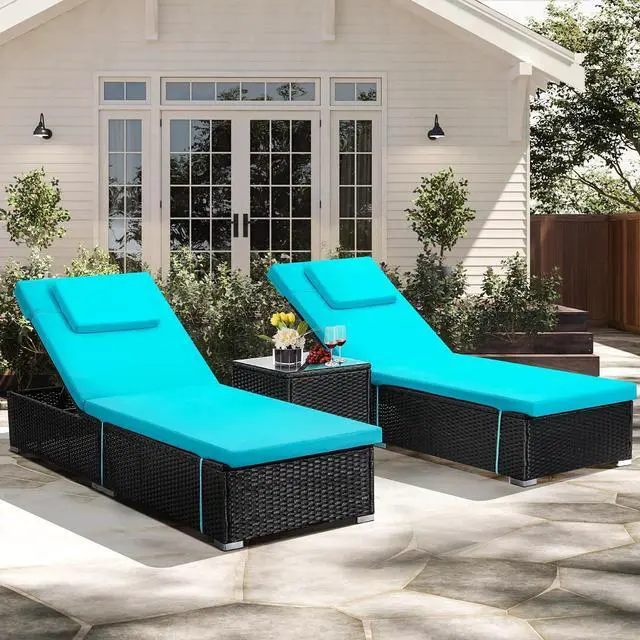 Main image of Murago Outdoor Chaise Lounge, Pool Lounge Chairs Set of 2 with Side Table | All-Weather Wicker Chairs Set, Adjustable Backrest & Washable Cushions for Patio, Poolside, Beach, Light Blue