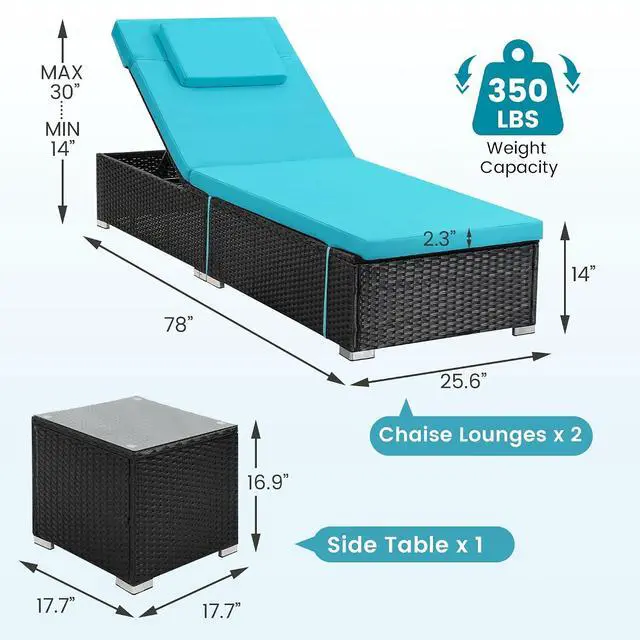 Alt view image 2 of 7 - Murago Outdoor Chaise Lounge, Pool Lounge Chairs Set of 2 with Side Table | All-Weather Wicker Chairs Set, Adjustable Backrest & Washable Cushions for Patio, Poolside, Beach, Light Blue