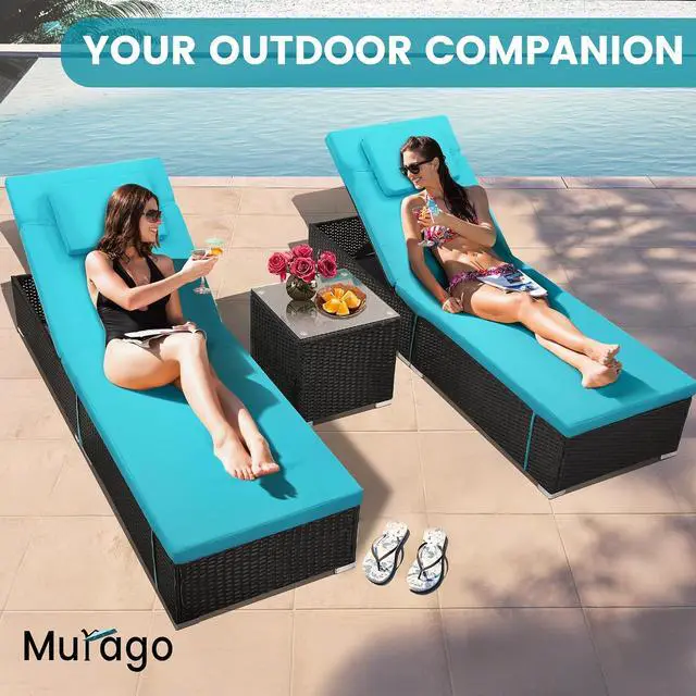 Alt view image 3 of 7 - Murago Outdoor Chaise Lounge, Pool Lounge Chairs Set of 2 with Side Table | All-Weather Wicker Chairs Set, Adjustable Backrest & Washable Cushions for Patio, Poolside, Beach, Light Blue