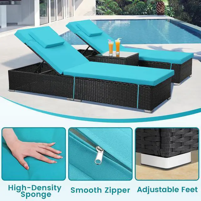Alt view image 4 of 7 - Murago Outdoor Chaise Lounge, Pool Lounge Chairs Set of 2 with Side Table | All-Weather Wicker Chairs Set, Adjustable Backrest & Washable Cushions for Patio, Poolside, Beach, Light Blue