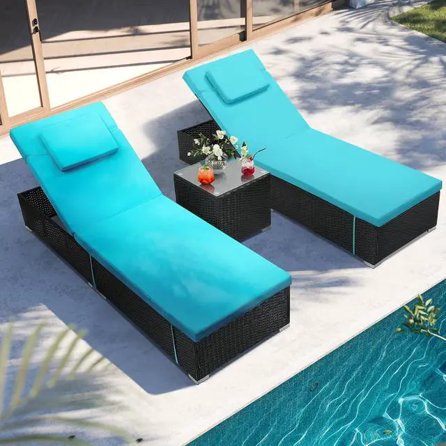 Alt view image 7 of 7 - Murago Outdoor Chaise Lounge, Pool Lounge Chairs Set of 2 with Side Table | All-Weather Wicker Chairs Set, Adjustable Backrest & Washable Cushions for Patio, Poolside, Beach, Light Blue