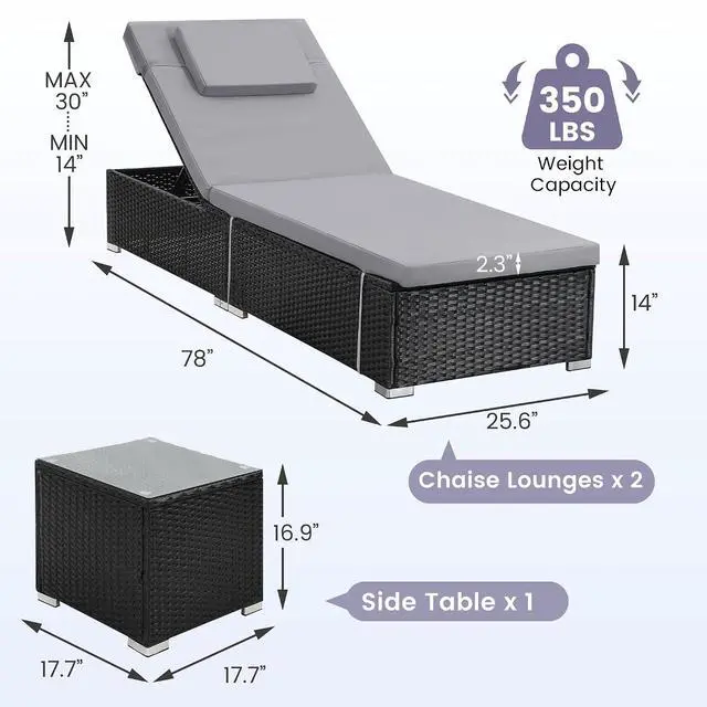 Alt view image 2 of 7 - Murago Outdoor Chaise Lounge, Pool Lounge Chairs Set of 2 with Side Table | All-Weather Wicker Chairs Set, Adjustable Backrest & Washable Cushions for Patio, Poolside, Beach, Light Grey