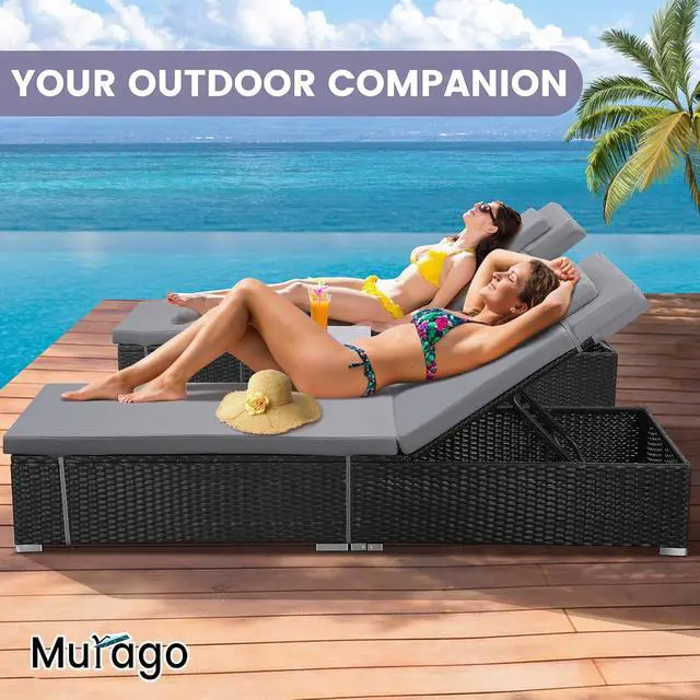 Alt view image 3 of 7 - Murago Outdoor Chaise Lounge, Pool Lounge Chairs Set of 2 with Side Table | All-Weather Wicker Chairs Set, Adjustable Backrest & Washable Cushions for Patio, Poolside, Beach, Light Grey