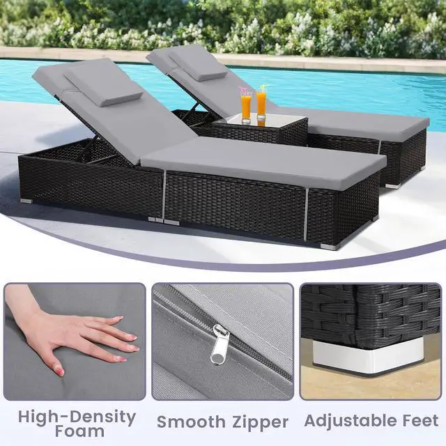 Alt view image 4 of 7 - Murago Outdoor Chaise Lounge, Pool Lounge Chairs Set of 2 with Side Table | All-Weather Wicker Chairs Set, Adjustable Backrest & Washable Cushions for Patio, Poolside, Beach, Light Grey