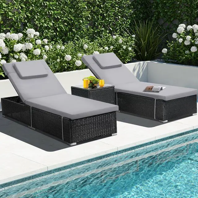 Alt view image 7 of 7 - Murago Outdoor Chaise Lounge, Pool Lounge Chairs Set of 2 with Side Table | All-Weather Wicker Chairs Set, Adjustable Backrest & Washable Cushions for Patio, Poolside, Beach, Light Grey