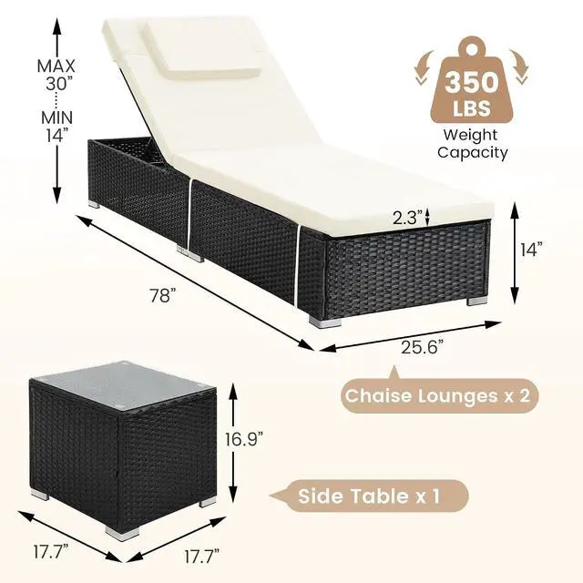 Alt view image 2 of 7 - Murago Outdoor Chaise Lounge, Pool Lounge Chairs Set of 2 with Side Table | All-Weather Wicker Chairs Set, Adjustable Backrest & Washable Cushions for Patio, Poolside, Beach, White