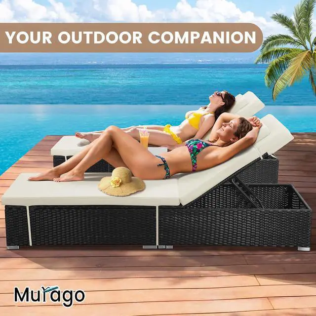 Alt view image 3 of 7 - Murago Outdoor Chaise Lounge, Pool Lounge Chairs Set of 2 with Side Table | All-Weather Wicker Chairs Set, Adjustable Backrest & Washable Cushions for Patio, Poolside, Beach, White
