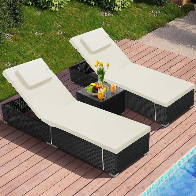 Alt view image 7 of 7 - Murago Outdoor Chaise Lounge, Pool Lounge Chairs Set of 2 with Side Table | All-Weather Wicker Chairs Set, Adjustable Backrest & Washable Cushions for Patio, Poolside, Beach, White