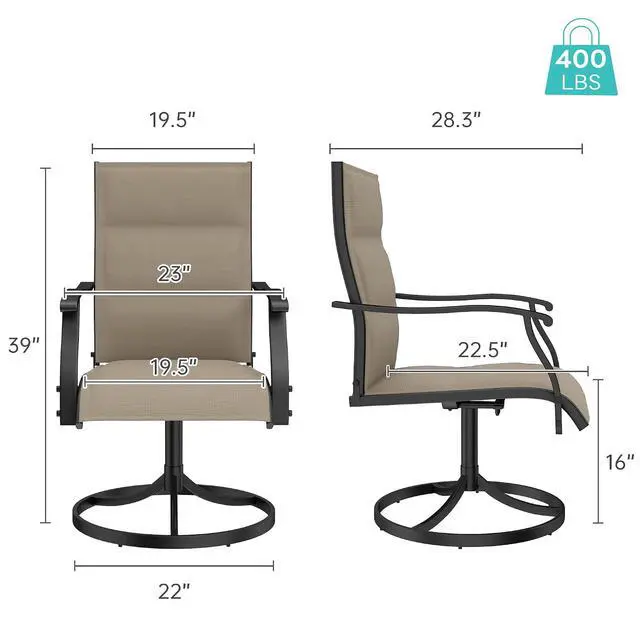 Alt view image 3 of 6 - Murago Patio Chairs Set of 2, Outdoor Swivel Chairs Set of 2, Padded Khaki | 360 Swivel and All Weather Rocking Chair with Padded Textilene Mesh Fabric and Rust Proof Steel Frame, 400 Lb. Capacity