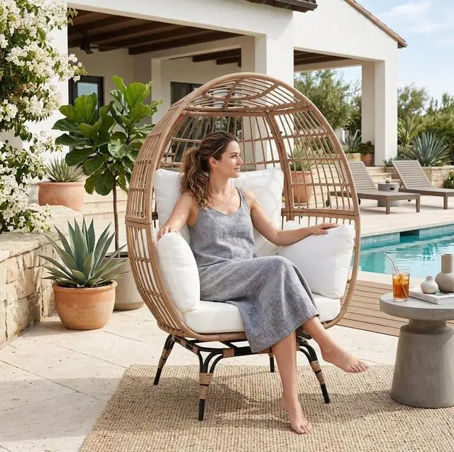 Alt view image 2 of 7 - Murago 360°Swivel Indoor/Outdoor Oversized Rattan Egg Chair | Patio Wicker Egg Chair with Overstuffed Cushions, 440lb Weight Capacity, Natural/Beige