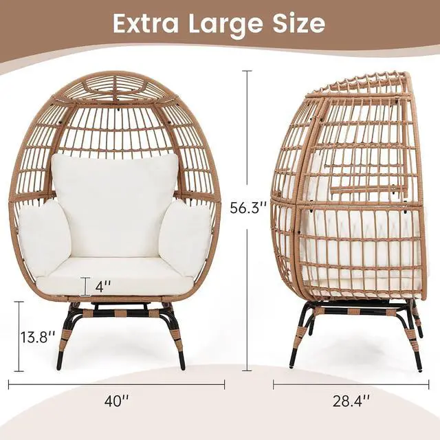 Alt view image 3 of 7 - Murago 360°Swivel Indoor/Outdoor Oversized Rattan Egg Chair | Patio Wicker Egg Chair with Overstuffed Cushions, 440lb Weight Capacity, Natural/Beige