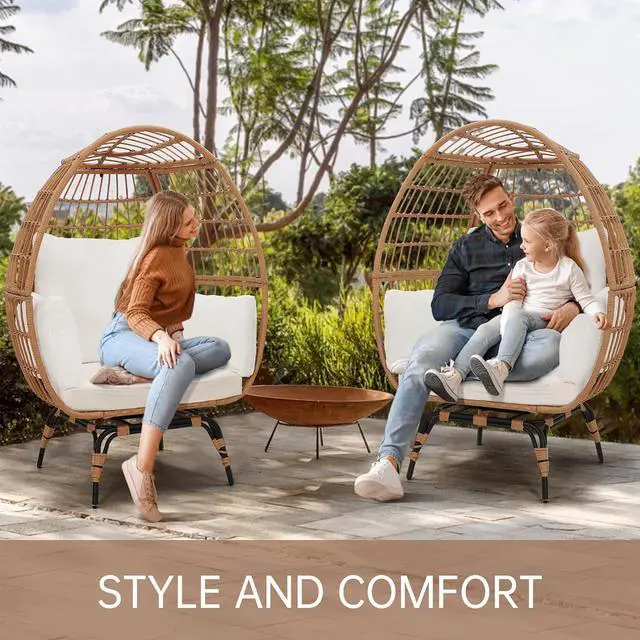 Alt view image 4 of 7 - Murago 360°Swivel Indoor/Outdoor Oversized Rattan Egg Chair | Patio Wicker Egg Chair with Overstuffed Cushions, 440lb Weight Capacity, Natural/Beige