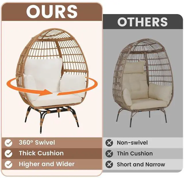 Alt view image 5 of 7 - Murago 360°Swivel Indoor/Outdoor Oversized Rattan Egg Chair | Patio Wicker Egg Chair with Overstuffed Cushions, 440lb Weight Capacity, Natural/Beige