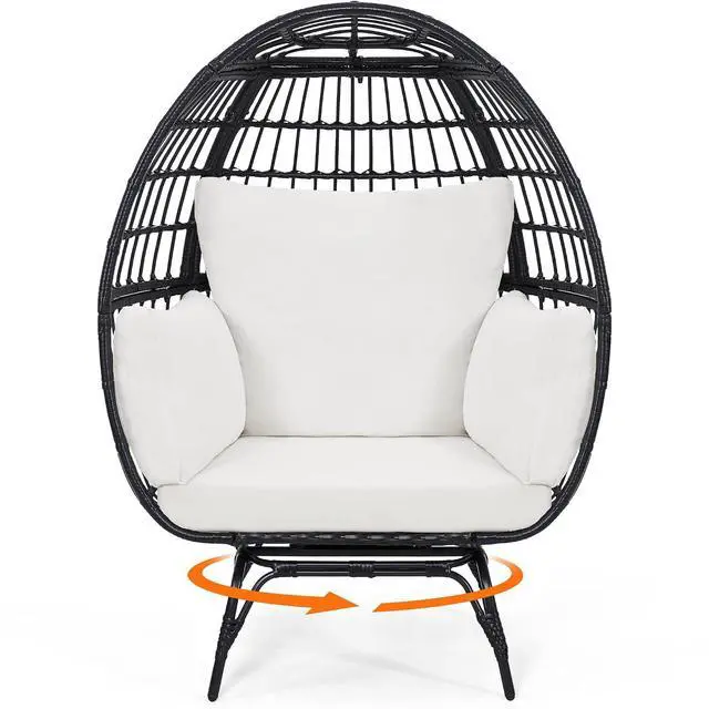 Main image of Murago 360°Swivel Indoor/Outdoor Oversized Rattan Egg Chair | Patio Wicker Egg Chair with Overstuffed Cushions, 440lb Weight Capacity, Black/Beige