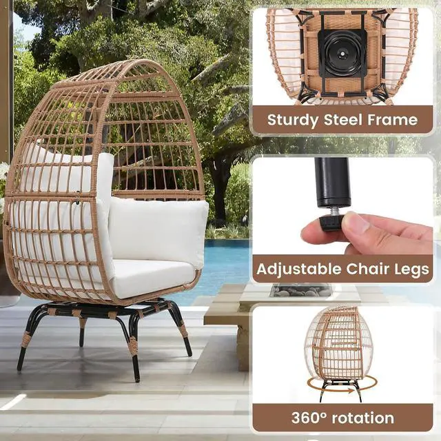 Alt view image 6 of 7 - Murago 360°Swivel Indoor/Outdoor Oversized Rattan Egg Chair | Patio Wicker Egg Chair with Overstuffed Cushions, 440lb Weight Capacity, Natural/Beige