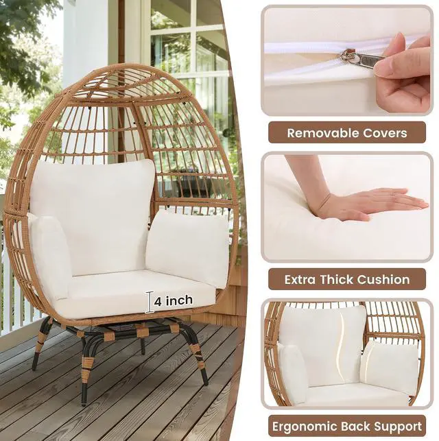 Alt view image 7 of 7 - Murago 360°Swivel Indoor/Outdoor Oversized Rattan Egg Chair | Patio Wicker Egg Chair with Overstuffed Cushions, 440lb Weight Capacity, Natural/Beige