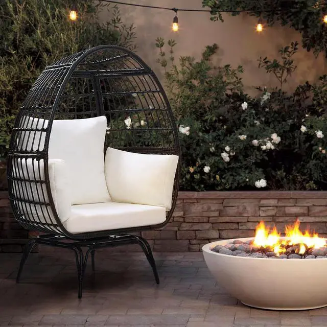 Alt view image 2 of 7 - Murago 360°Swivel Indoor/Outdoor Oversized Rattan Egg Chair | Patio Wicker Egg Chair with Overstuffed Cushions, 440lb Weight Capacity, Black/Beige
