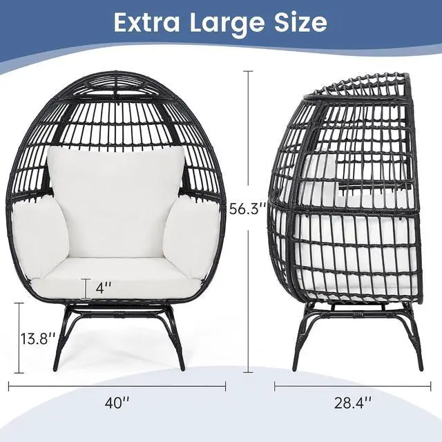Alt view image 3 of 7 - Murago 360°Swivel Indoor/Outdoor Oversized Rattan Egg Chair | Patio Wicker Egg Chair with Overstuffed Cushions, 440lb Weight Capacity, Black/Beige