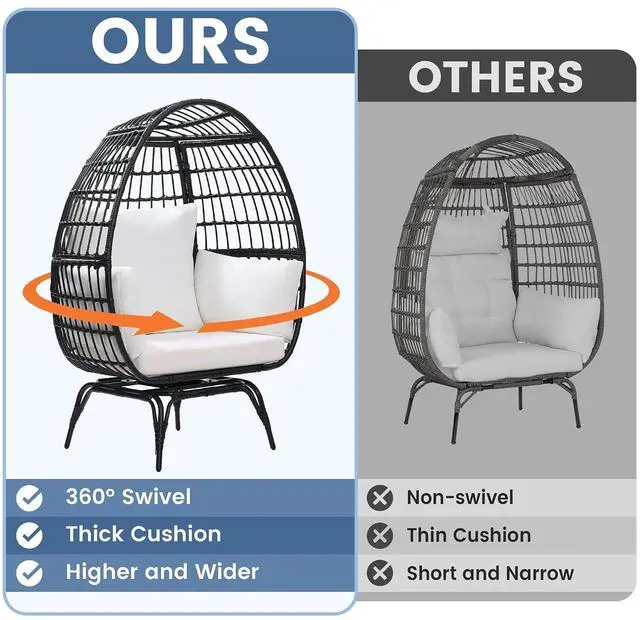 Alt view image 5 of 7 - Murago 360°Swivel Indoor/Outdoor Oversized Rattan Egg Chair | Patio Wicker Egg Chair with Overstuffed Cushions, 440lb Weight Capacity, Black/Beige
