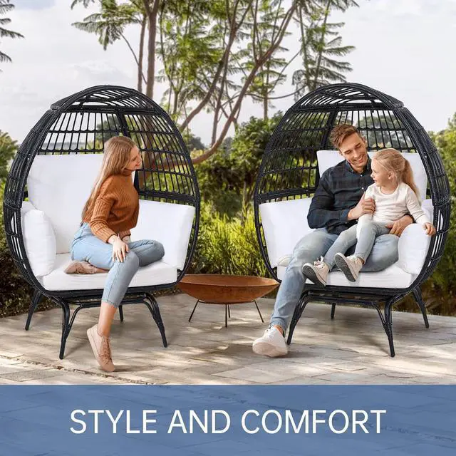 Alt view image 4 of 7 - Murago 360°Swivel Indoor/Outdoor Oversized Rattan Egg Chair | Patio Wicker Egg Chair with Overstuffed Cushions, 440lb Weight Capacity, Black/Beige