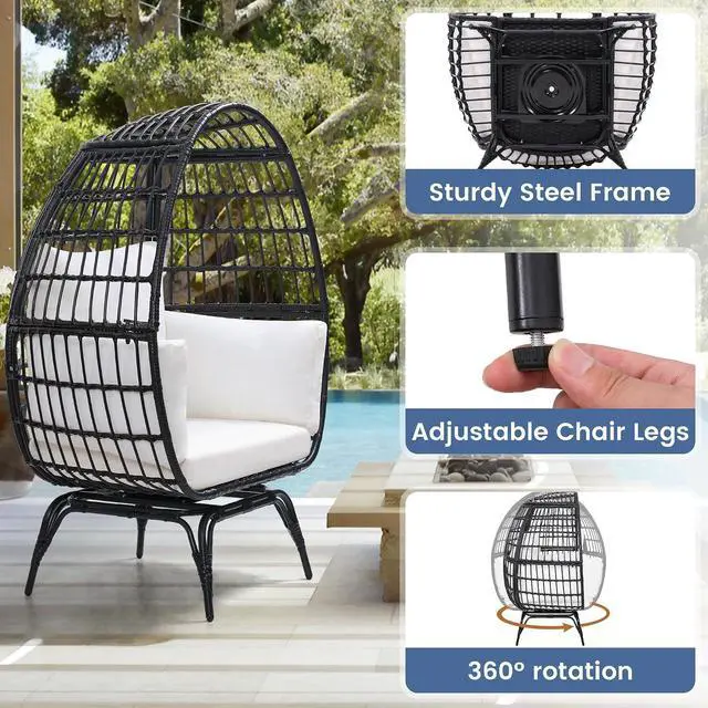 Alt view image 6 of 7 - Murago 360°Swivel Indoor/Outdoor Oversized Rattan Egg Chair | Patio Wicker Egg Chair with Overstuffed Cushions, 440lb Weight Capacity, Black/Beige