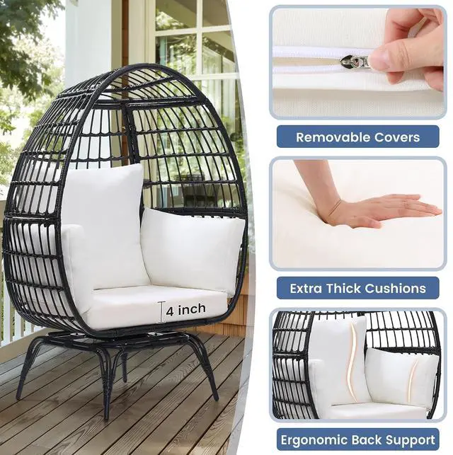 Alt view image 7 of 7 - Murago 360°Swivel Indoor/Outdoor Oversized Rattan Egg Chair | Patio Wicker Egg Chair with Overstuffed Cushions, 440lb Weight Capacity, Black/Beige